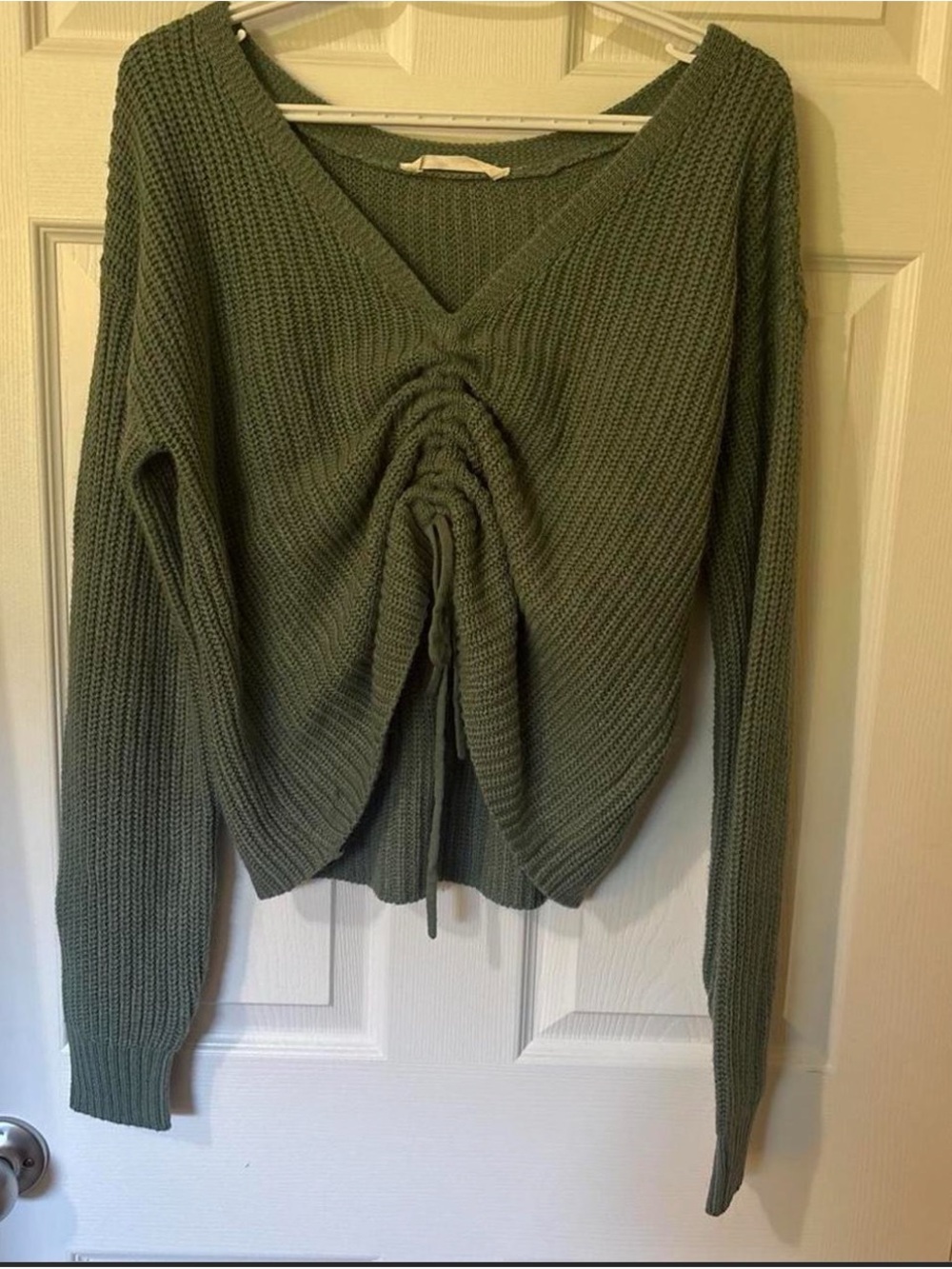 Bluenotes Olive Drawstring Ruched V-Neck Sweater